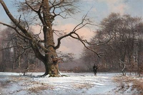 A Hunter In The Woods On A Winter Day Oil Painting by Frederik Rohde