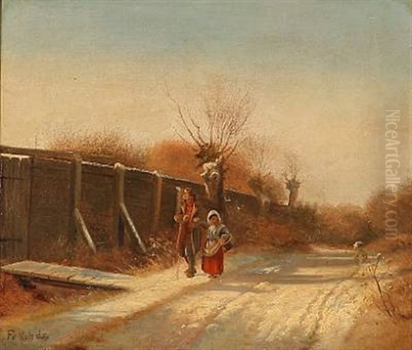 Winter Landscape With A Couple On A Country Road Oil Painting by Frederik Rohde