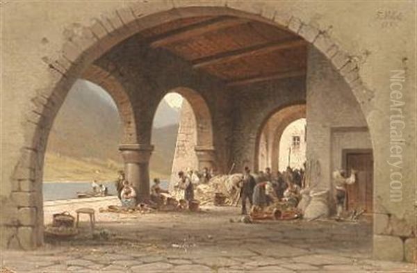 A Busy Market Day By The Lake (in Ascona?) Oil Painting by Frederik Rohde
