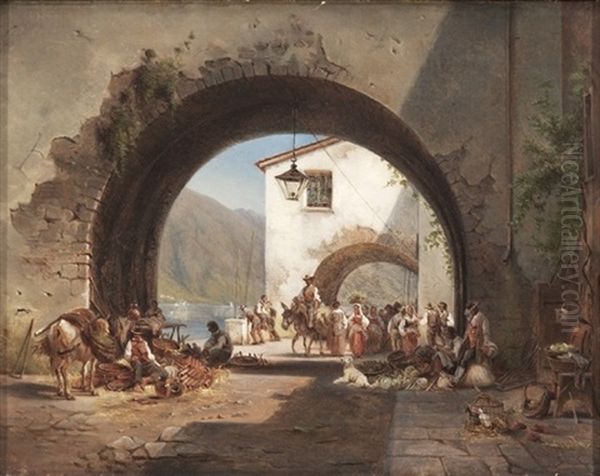 Fra En Italiensk By Med Figurer Ved Bygningsvaerk Med Bue, I Baggrunden Udsigt Til So Og Bjerge Oil Painting by Frederik Rohde