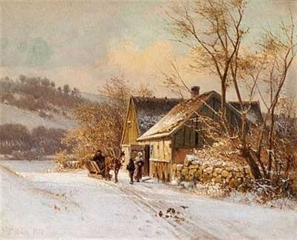 Vinterlandskab Med En Slaede Ud For Et Bondehus Oil Painting by Frederik Rohde