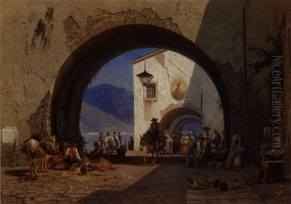 Folkeliv I En Italiensk Landsby Beliggende Ved En So Oil Painting by Frederik Rohde