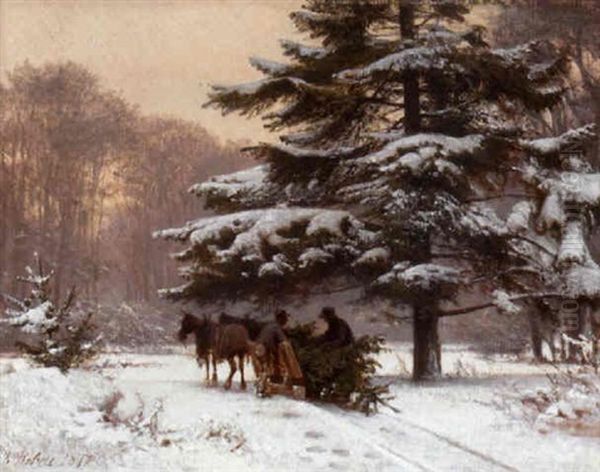 Figures Collecting Fire Wood In A Winter Landscape Oil Painting by Frederik Rohde