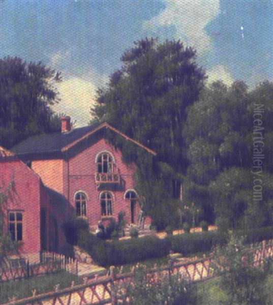 Maleren P. A. Plum Og Familie Pa Terassen Foran Deres Hus I Fredensborg Oil Painting by Frederik Rohde