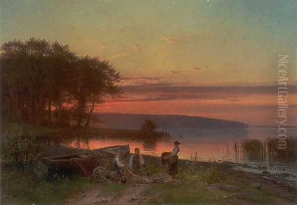 Aftenstemning Ved Sobred Med Figurer Ved Bad Oil Painting by Frederik Rohde