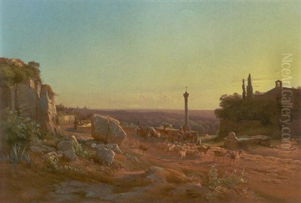 Italiensk Landskab Med Figurer Og Geder Naer Well Tivoli, Rom Oil Painting by Frederik Rohde