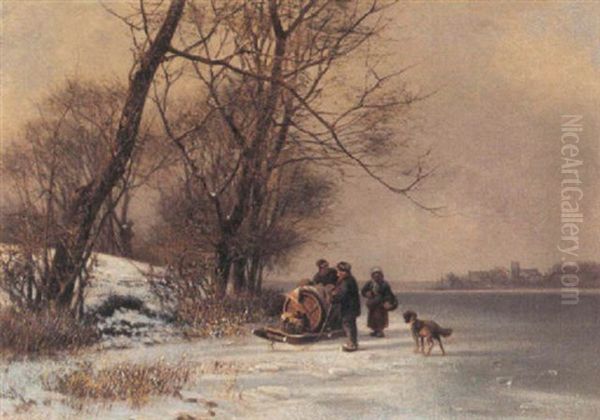 Vinterdag Med Bonder Traekkende Slaede Med Forrad Over Isen Oil Painting by Frederik Rohde