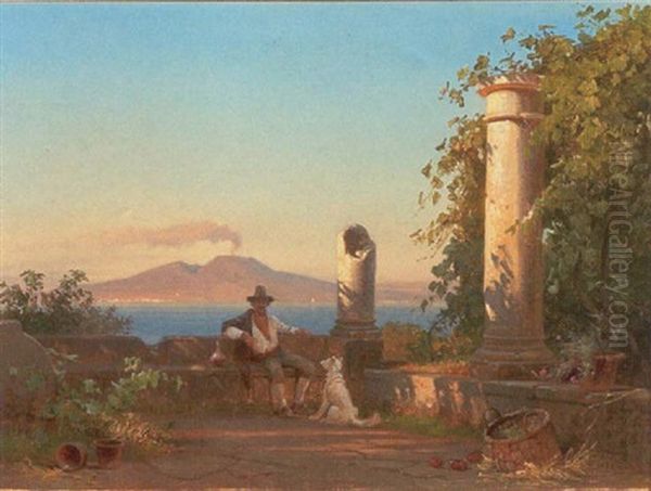 Italiensk Pergola Med Siddende Herre Og Hund, I Baggrunden Vesuv Oil Painting by Frederik Rohde