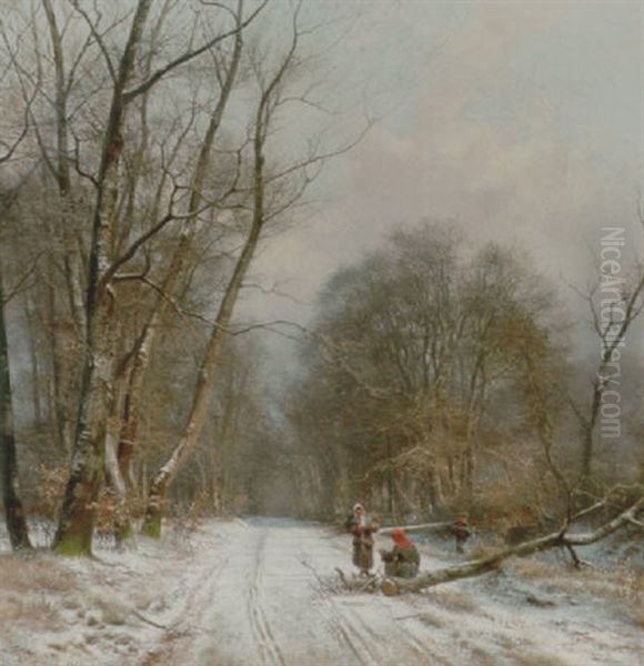 Vinter I Skoven Med Braendesamlere Pa En Sti Oil Painting by Frederik Rohde