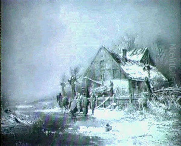 Vintermotiv Med Byggnad Samt Manniskor Och Hastar Pa Isen Oil Painting by Frederik Rohde