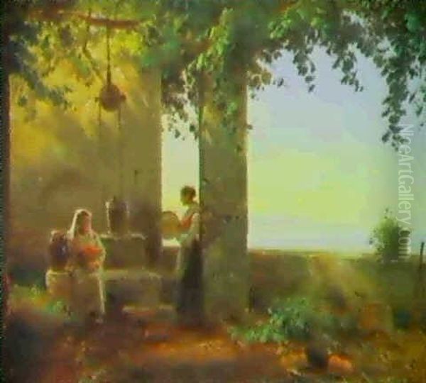 To Kvinder Ved En Brond Under Pergola, Italien Oil Painting by Frederik Rohde