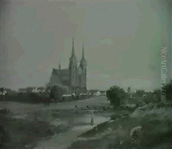 Parti Fra Roskilde Med Udsigt Mod Domkirken, I Forgrunden   Pige Med Sin Malkespand Oil Painting by Frederik Rohde