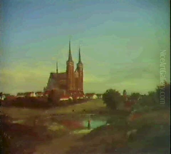 Udsigt Mod Roskilde Domkirke. I Forgrunden Pige Med         Malkespand Oil Painting by Frederik Rohde