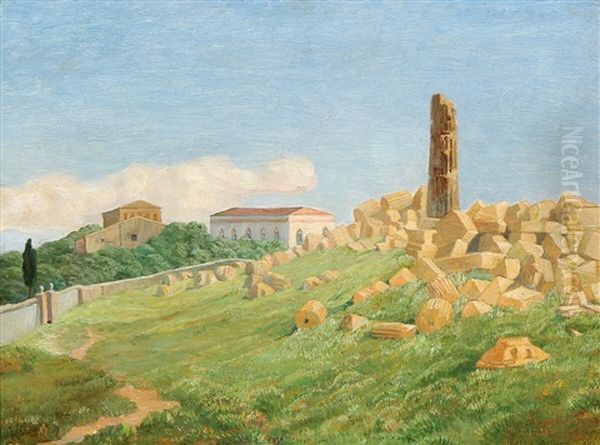 View Of The Ruins Of The Tempel Of Zeus, Girgenti, Sicily Oil Painting by Johan Rohde