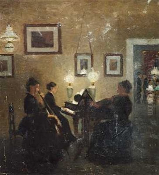 Interior Med Musicerende (+ Unge Bueskytter, Verso) Oil Painting by Johan Rohde
