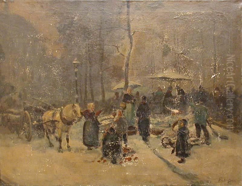 Mercato ConCarro A Cavallo E Personaggi Oil Painting by Emilio Borsa