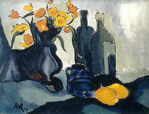 Stilleben Mit Zwei Weinflaschen, Zitronen Und Einer Vase Mit Gladiolen Oil Painting by Wolf Roehricht