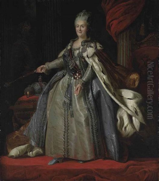 Portrait Of Catherine The Great, Empress Of Russia In Robes Of State, Standing Before A Draped Column Oil Painting by Fedor Rokotov