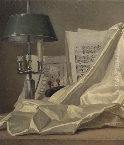A Bouillette Lamp, A Sheet Of Music, A Violin And White Satin Cloth On A Stone Ledge Oil Painting by Henri Horace Roland de la Porte