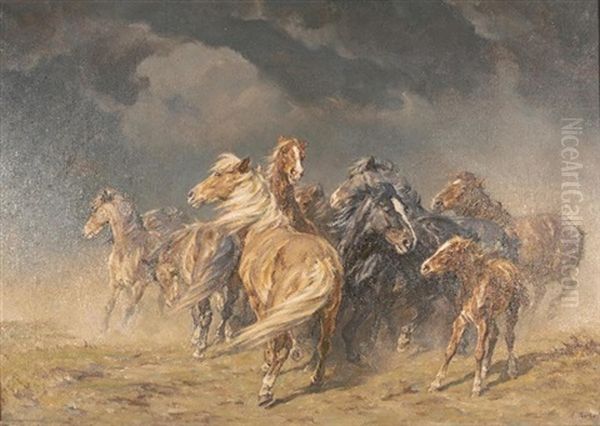 Pferderudel Im Gewittersturm Oil Painting by Alfred Roloff