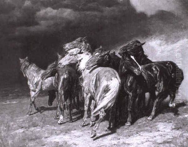 Pferde, Die Sich Bei Aufziehendem Gewitter Auf Der Weide Zusammendr,ngen Oil Painting by Alfred Roloff
