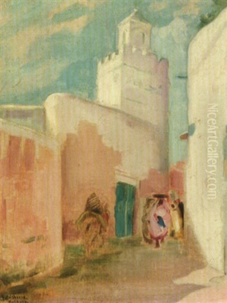 Rue Et Minaret A Kairouan Oil Painting by Julius Rolshoven