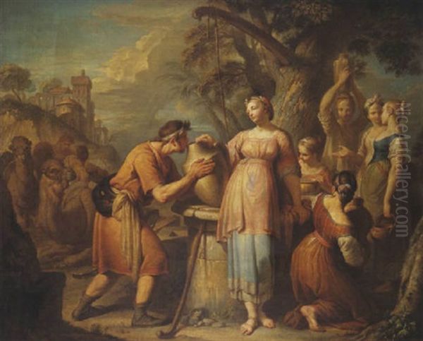 Eliezer Et Rebecca Oil Painting by Jacques (Le Romain) Dumont