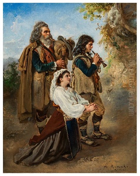 Pifferari, Playing In Front Of A Painting Of The Mother Of God (iii) Oil Painting by Anton Romako
