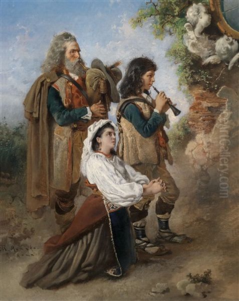 Pifferari, Vor Einem Muttergottesbild Spielend (iv) Oil Painting by Anton Romako