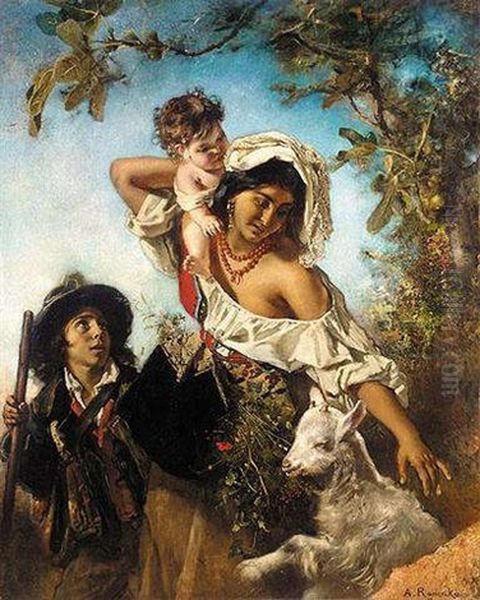 Eine Italienische Hirtenfamilie (an Italian Shepherd Family) Oil Painting by Anton Romako