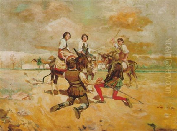 Don Quijote, Sancho Y Las Tres Marias Oil Painting by Leopoldo Romanach