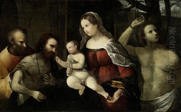 The Holy Family With Saints John The Baptist And Sebastian Oil Painting by Gerolamo Romanino
