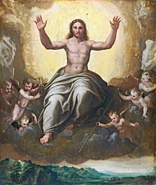 Megdicsoult Krisztus A Passio Eszkozeivel Oil Painting by Giulio Romano (Orbetto)