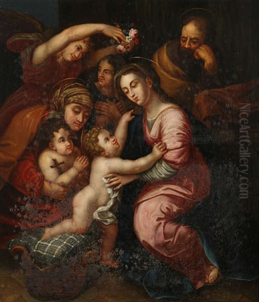 La Sainte Famille Entouree De Sainte Anne, Saint-jean Baptiste Enfant Et Deux Anges Oil Painting by Giulio Romano (Orbetto)