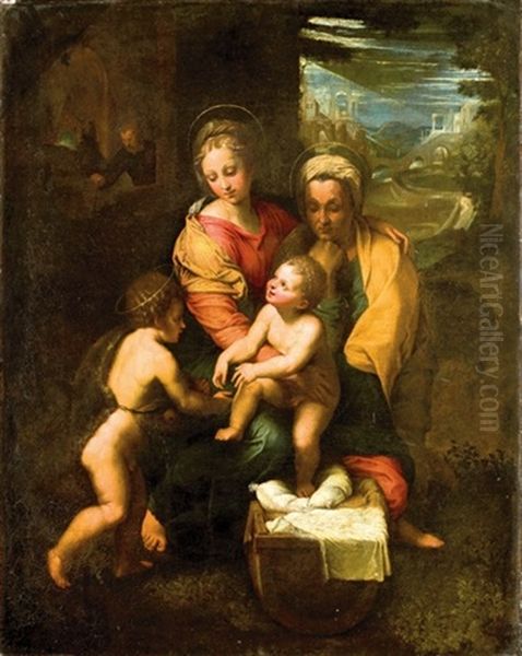 La Sainte Famille Avec Saint Jean-baptiste Enfant Et Sainte Elisabeth Oil Painting by Giulio Romano (Orbetto)