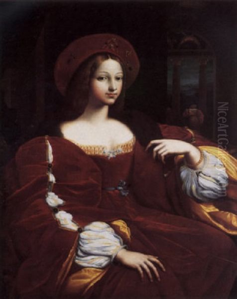 Portrait Of Dona Isabel De Requesens In A Red Velvet Dress And Headdress, A Woman At A Balcony Beyond Oil Painting by Giulio Romano (Orbetto)