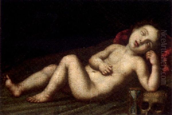 A Putto Sleeping By An Hourglass And A Skull Oil Painting by Giulio Romano (Orbetto)