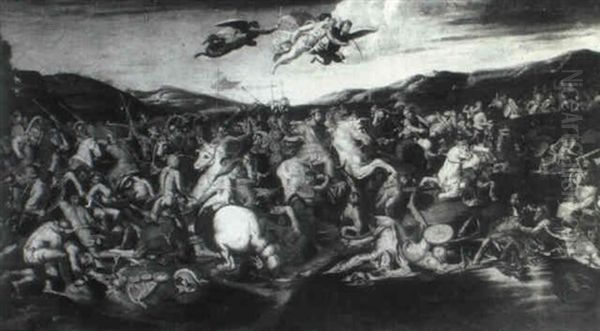 The Emperor Constantinus Defeating Maxentius At The Milvius Bridge Near Rome Oil Painting by Giulio Romano (Orbetto)