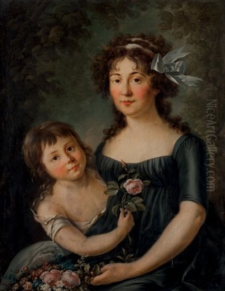 Femme Et Son Enfant Tenant Des Fleurs Oil Painting by  Romany (Adele Romanee)