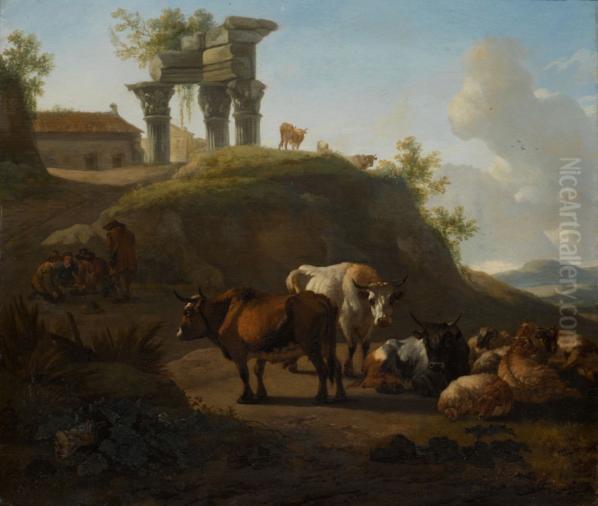 Cattle And Sheep With Peasants And Ancient Ruins Beyond Oil Painting by Willem Romeyn