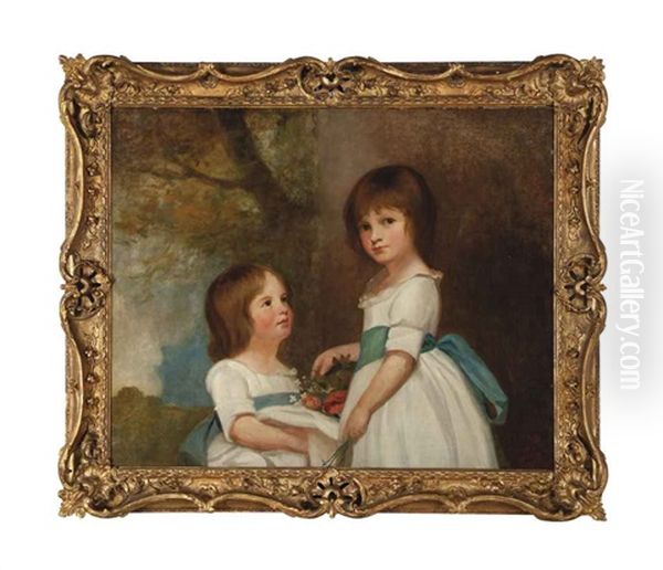 Portrait Of Two Girls, Traditionally Identified As The Horsley Children, In White Dresses With Blue Sashes Holding Flowers In A Landscape Oil Painting by George Romney