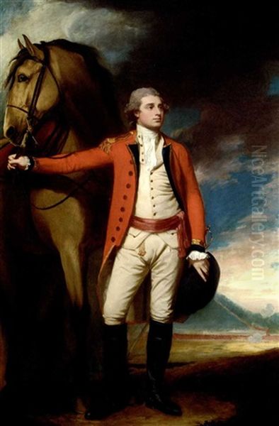 Portrait Of Major James Hartley In Uniform, Holding His Horse, A Formation Of Soldiers Near A Mountain Beyond Oil Painting by George Romney