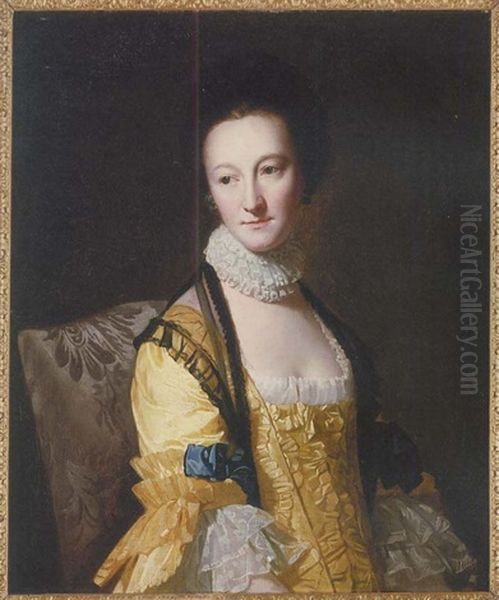 Portrait Of Miss Andrewes, Seated, In A Yellow Dress And Black Shawl With A Lace Ruff, In An Interior Oil Painting by George Romney