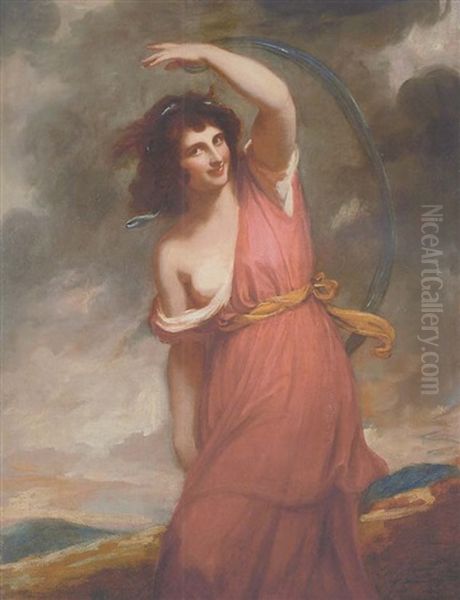 Portrait Of Emma Hart, Lady Hamilton, As A Dancing Bacchante In Red Robes With A Yellow Sash, A Blue Scarf In Her Left Hand, In A Landscape Oil Painting by George Romney
