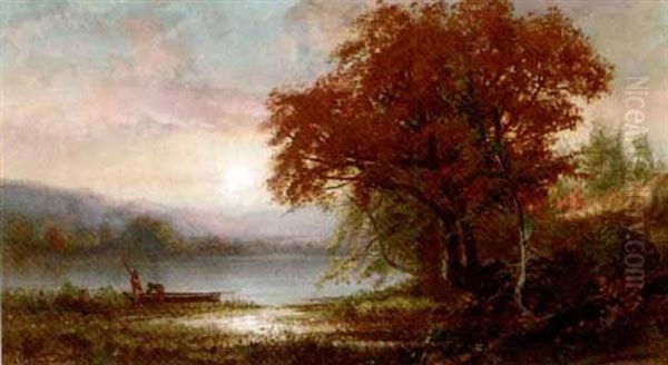 Sunrise Over A Lake With Figures And Boat Onshore Oil Painting by Frederick Rondel