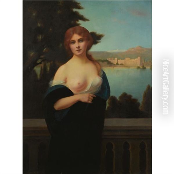 Young Woman In A Landscape Oil Painting by Henri Rondel