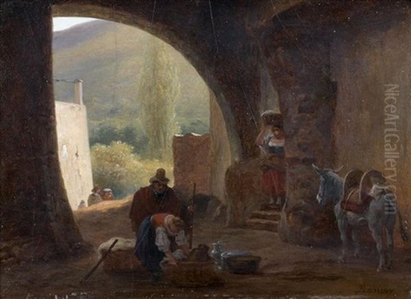 Une Lavandiere Et Un Voyageur Faisant Halte Entre Deux Escaliers Oil Painting by Guillaume Frederic Ronmy