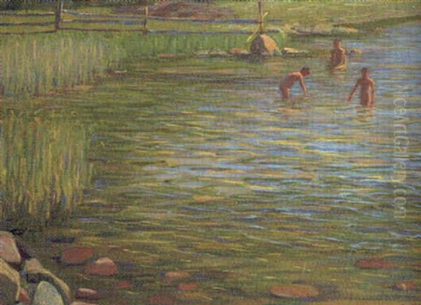 Lekande Barn I Strandvattnet Oil Painting by Hanna Roennberg