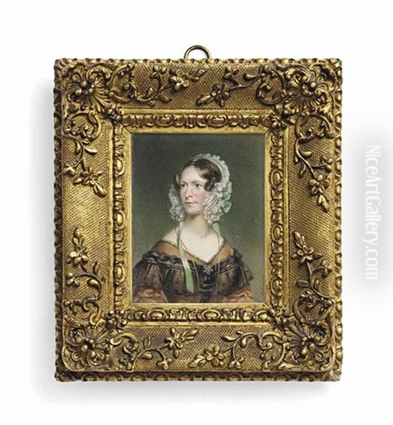 A Lady In Brown Silk Dress, Lace Bonnet Tied With Green Ribbons Oil Painting by Room, Henry