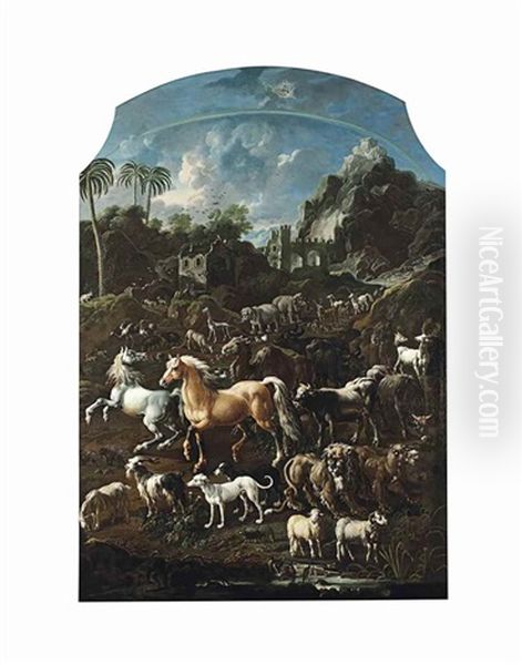 The Animals Of Noah's Ark In A Landscape With Ruins And Palm Trees, The Ark Atop A Mountain Beyond Oil Painting by Cajetan Roos